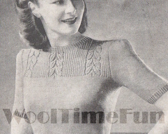 Vintage Knitting Pattern Womens 1940s Sweater, Leaf Design Yoke. Short Sleeves