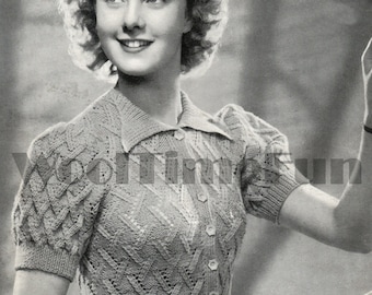 Knitting Pattern Womens 1940s Lace Sweater Cardigan. Long Or Short Sleeves 4 Ply