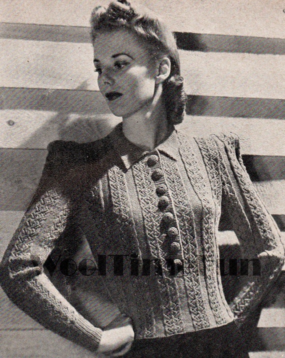 Modello di maglia vintage anni '40, maglione a trecce della