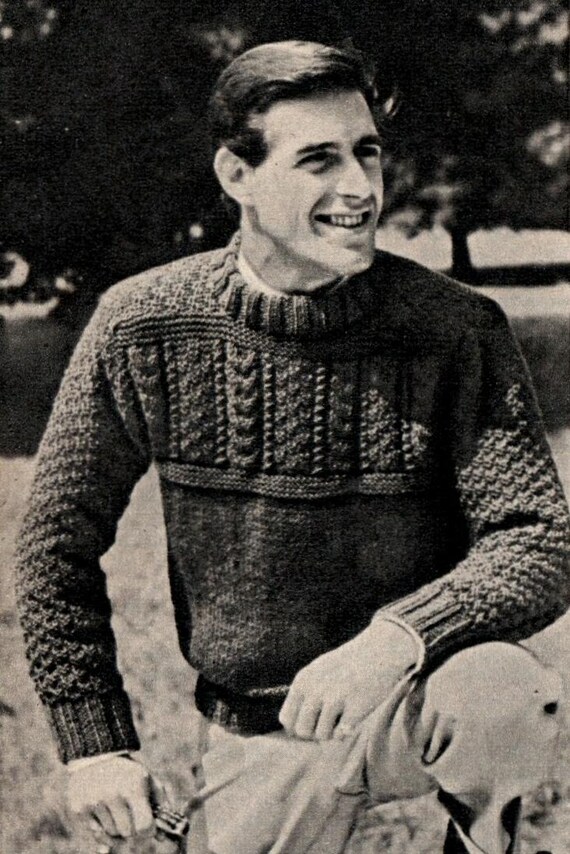Knitting Pattern Mens Vintage Chunky Knit Cable Design Sweater 