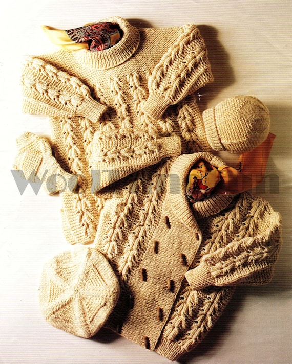 Strickanleitung Kinder Aran Zopfmuster Jacke langer Pullover