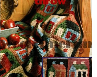 Crochet Pattern Log Cabin Cottages Houses Afghan Throw Blanket Easy Crochet