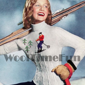 Knitting Pattern Womens Vintage Retro 1940s 1950s Ski Xmas Motif Sweater.
