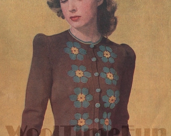 Knitting Pattern Vintage 1940s Womens Cardigan Flower Design. 34"-36" Bust.