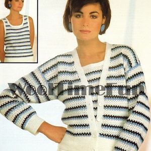 May include: A striped crochet cardigan and matching sleeveless top. The cardigan has a V-neck and buttons down the front. The top has a scoop neck. Both pieces are made in white, blue, and black yarn.