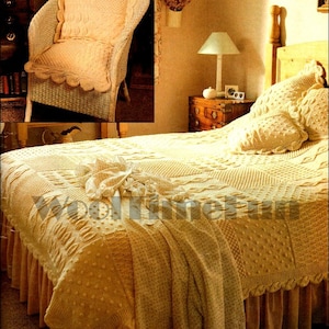 Knitting Pattern Bedspread Afghan Blanket Throw & Cushions. Aran Cable Textured Squares.