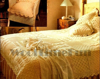 Knitting Pattern Bedspread Afghan Blanket Throw & Cushions. Aran Cable Textured Squares.