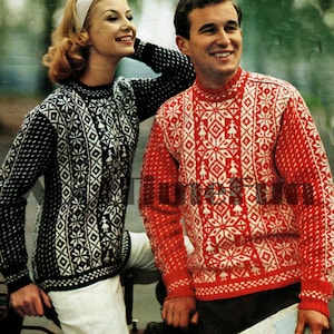 May include: A couple wearing matching red and black patterned sweaters. The man is holding a map and the woman is holding a motorcycle handlebar.