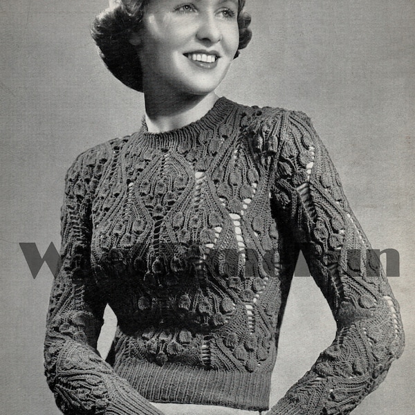 PDF Knitting Pattern Vintage 1940s Ladies Bluebell Design Jumper. Long Or Short Sleeves.