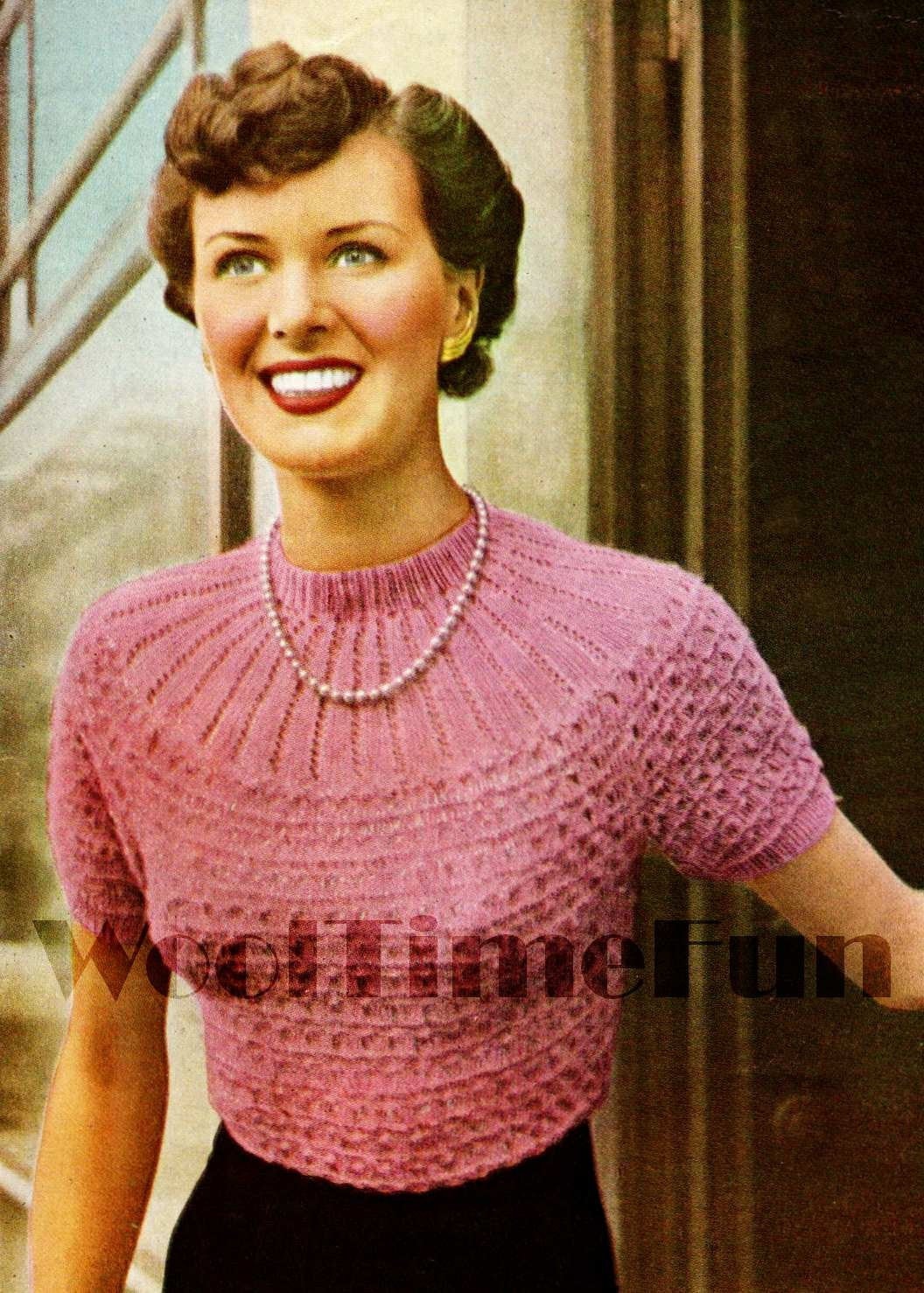 Knitting Pattern Womens 1950s Sweater. Short or Long Sleeves