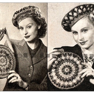 2 x Strickanleitung Vintage 1940s/WW2 Damen Fair Isle Baskenmütze, Mützen & Handtaschen.