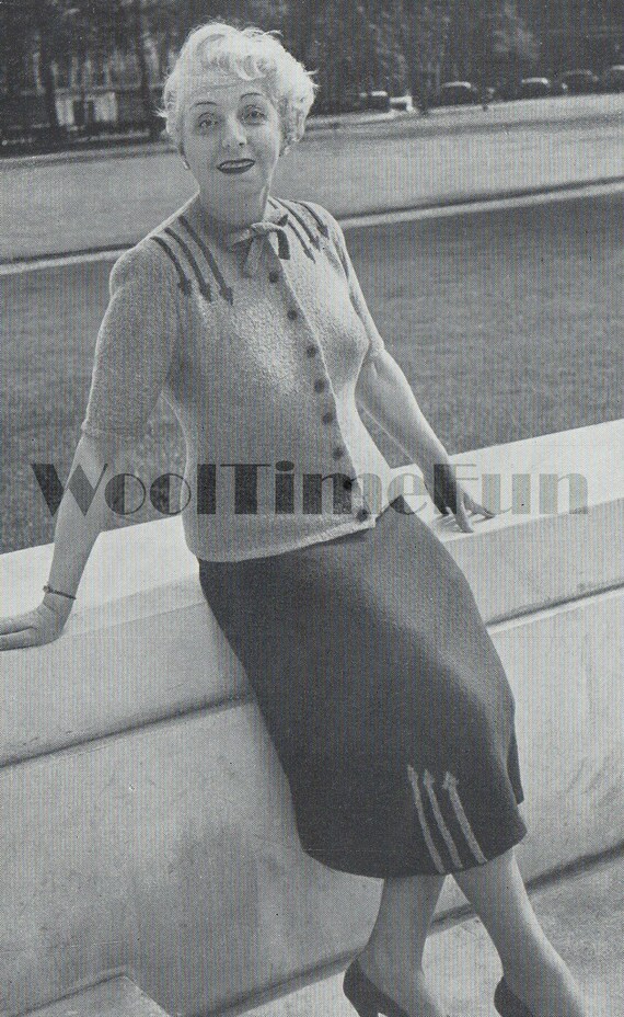 Modello di maglia per donna vintage anni '40, gonna e maglione