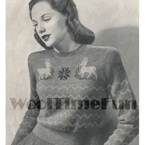 Vintage Knitting Pattern Womens Christmas Reindeer Fair Isle Jumper Sweater