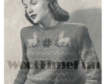 Patrón de tejido vintage para suéter navideño Fair Isle de reno para mujer