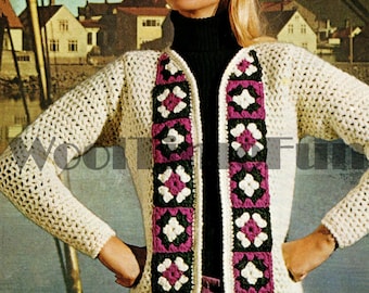 Wzór szydełkowy Damska kurtka kardigan z lat 70. Grandma Square Boho Motif