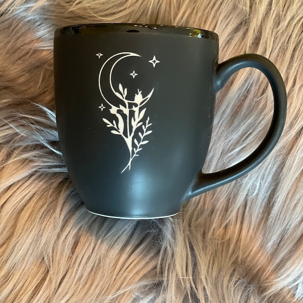 Celestial wildflower crescent moon star Matte Black Bistro Ceramic Mug
