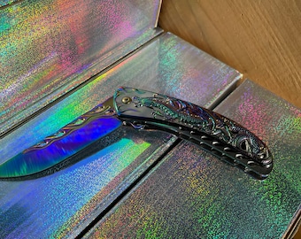 Dragon Mythical Detailed Design Shaped Blued Blade Handle Locking Folding Pocket Knife with Clip