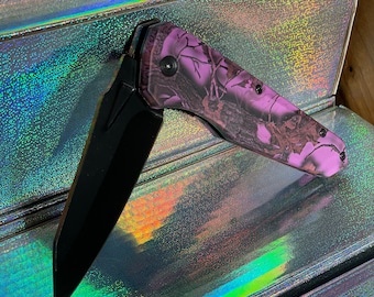 Camouflage Pink Purple Black Blade Handle Locking Folding Pocket Knife with Clip