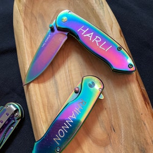 Personalized Rainbow Titanium Guy Girl Chrome Folding Pocket Knife Gift Birthday Christmas Anniversary