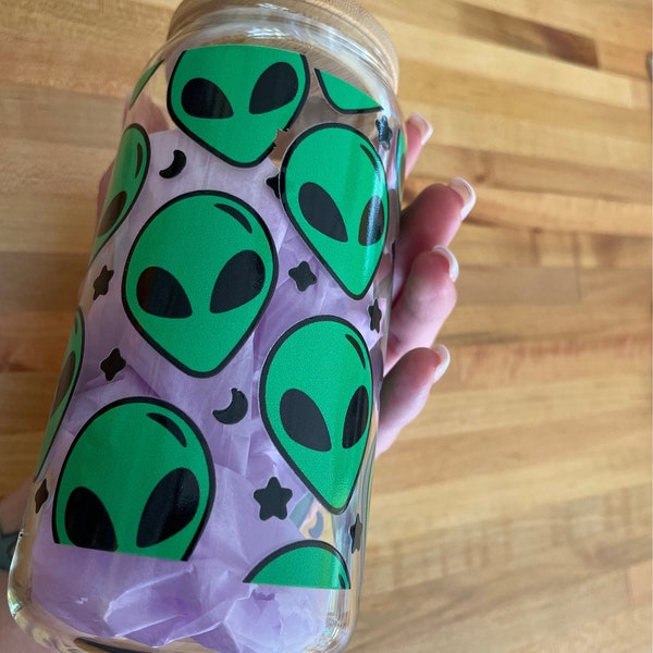 Alien Martian UFO Out There Celestial Permanent Decal Wrapped Retro Beer Can Glass with Bamboo Lid and Straw