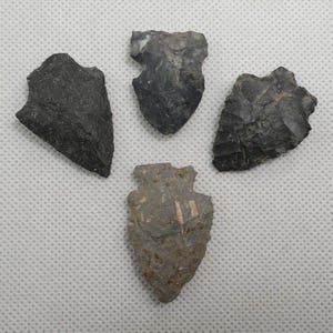 May include: Four stone arrowheads arranged in a cluster. Three of the arrowheads are dark gray or black with visible flaked edges, while the fourth arrowhead at the bottom is a lighter, mottled tan and gray color with a textured surface.