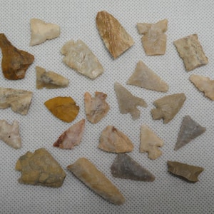 May include: A collection of various-sized, ancient arrowheads in shades of tan, brown, and gray. The arrowheads have different shapes, including triangular and elongated forms, and are arranged on a white surface.