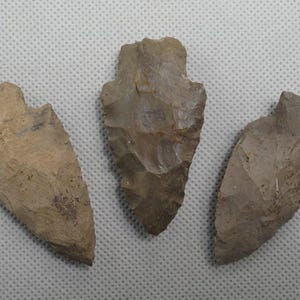 May include: Three stone arrowheads with chipped edges and pointed tips. The left arrowhead is light tan, the center arrowhead is a smooth medium brown, and the right arrowhead is a darker greyish-brown. Each piece features a notched base.