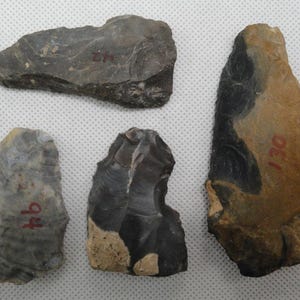 May include: Four irregularly shaped, weathered stones with varying colors of gray, brown, and black. Each stone has a number written on it in red ink. The stones appear to be ancient tools or artifacts.
