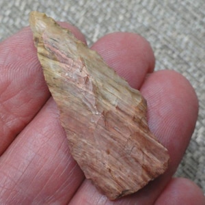 May include: A tan and light brown stone arrowhead with a pointed tip and a flat base. The surface of the arrowhead displays a natural, fibrous, and layered texture with visible striations running along its length, showing a sharp, chipped edge.