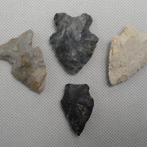 May include: A collection of four stone arrowheads featuring distinct shapes and textures. One is dark gray with a notched base, one is light beige, one is a mottled tan and gray, and the smallest is a solid dark black, pointed stone piece.