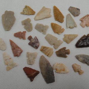 May include: A collection of various-sized, hand-chipped arrowheads in shades of tan, brown, and red. The arrowheads are arranged on a white surface, showcasing their unique shapes and textures. Some have notched edges, while others are more triangular.