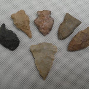 May include: A collection of six stone arrowheads featuring varied earth tones including tan, dark gray, reddish-brown, and light beige. Each arrowhead displays a distinct chipped texture and pointed shape, arranged in a semi-circular pattern.