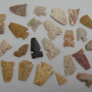 May include: A collection of various stone arrowheads in shades of tan, brown, cream, and red. The arrowheads vary in size and shape, with some having notched edges and others being triangular. The collection is displayed on a white, textured surface.