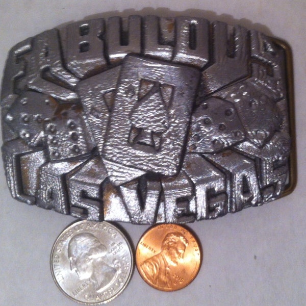 Vintage Metal Pewter Belt Buckle, Fabulous Las Vegas, Las Vegas Nevada, Ace of Spades, Dice, Gambling