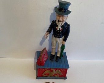 11 Working Reproduction Mechanical Coin Bank Patriotic Gift Vintage Cast Iron UNCLE SAM Bank Door Stop Push Nail Head /& Sam Drops Coin