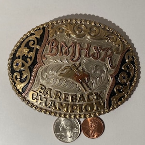 Vintage Metal Belt Buckle, Silver, Copper and Brass, BMHSR, Bareback Champion, Nice Western Style Design, 4 1/4&quot; x 3 1/4&quot;, Heavy Duty