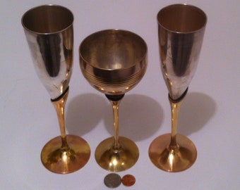 3 Vintage Metal Brass and Silver Plate Wine Flutes, Champagne, Barware, Kitchen Decor, Shelf Display, These Can Be Shined Up Even More