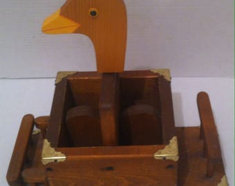 Vintage Wooden and Brass Box with Wooden Duck, Spinning Duck, Compartment Box, Heavy Duty, 13" x 13" x 7", Shelf Display, Home Decor, Duck.