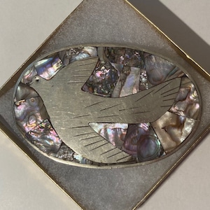 Vintage Metal Belt Buckle, Silver and Abalone Shell, Dove, Bird, Seagull, Nice Design, 3 3/4&quot; x 2 1/2&quot;, Heavy Duty, Quality, Thick Metal