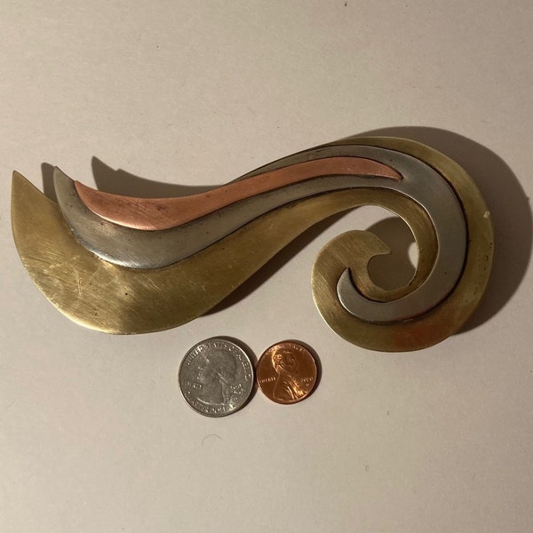 Vintage Metal Belt Buckle, Brass, Silver and Copper, Nice Western Design,  6" x 2", Quality, Made in USA, Country and Western, Heavy Duty