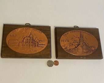 Vintage Set of 2 Copper and Wood Wall Hangings, 1713 Old State House and 1775 Old North Church, Saying on the Backs, Made in England, 7" x 5