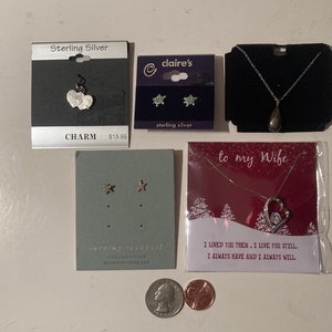 5 Vintage kaarten van sterling zilveren sieraden items, schildpadden, rode heats met pijl (ik vergat die om te draaien) mooie zilveren ketting