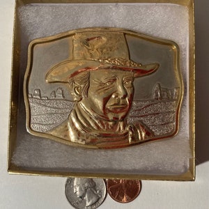 Vintage 1985 Metal Belt Buckle, Brass, John Wayne, The Duke, Cowboy, Nice Western Design,  3 1/2&quot; x 2 1/2&quot;, Quality, Made in USA, Country