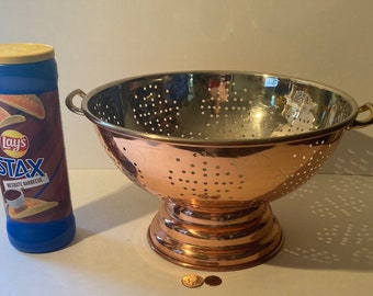 Vintage Metal Copper and Brass Colander, Big Size, Strainer, Kitchen Decor, Hanging Display, Shelf Display, 13 1/2&quot; x 7&quot;, You Can Use It