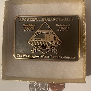 Vintage 1992 Metal Belt Buckle, Brass, Hydropower Plant, Energy, The Washington Water Power Company, Nice Western Design,  3&quot; x 2&quot;, Quality