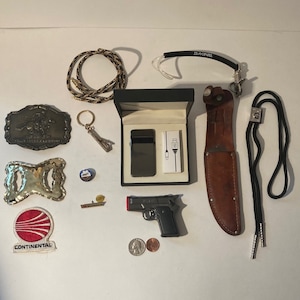Vintage Lot of 12 Different Assorted Items, Lighters, Belt Buckles, Pins, Bolo Tie, More, Fun, Interesting, Free Shipping in the U.S.