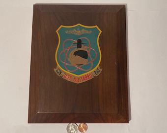 plaque vintage en bois et métal de la marine, U.S.S. Guitarro SSN-665, U.S. Navy, Service sous-marin