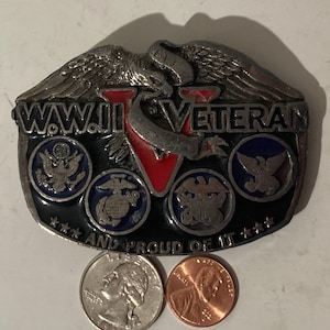 Vintage 1988 Metal Belt Buckle, WWII Veteran, And Proud Of It, Army, Navy, Marines, Air Force, Heavy Duty, Quality, Clothing Accessory