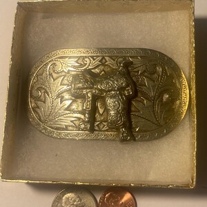 Vintage Metal Belt Buckle, Horse Saddle Design, Heavy Duty, Quality, 3 1/2&quot; x 2&quot;, Thick Metal, For Belts, Fashion, Shelf Display