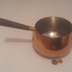Vintage Copper Metal Cooking Pot with Wooden Handle, 10&quot; Long, and 6&quot; x 4&quot; Pot Size, Kitchen Decor, Shelf Display, Cooking